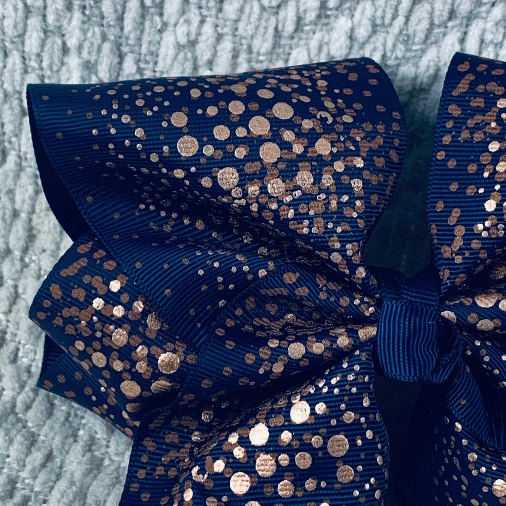JoJo Siwa Hair Bow Girls Navy Rose Gold Polka Dot Metallic Foil Grosgrain Clip‎